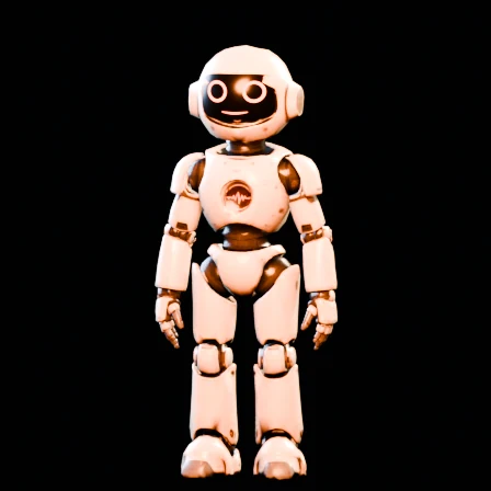 A small white robot standing against a black background